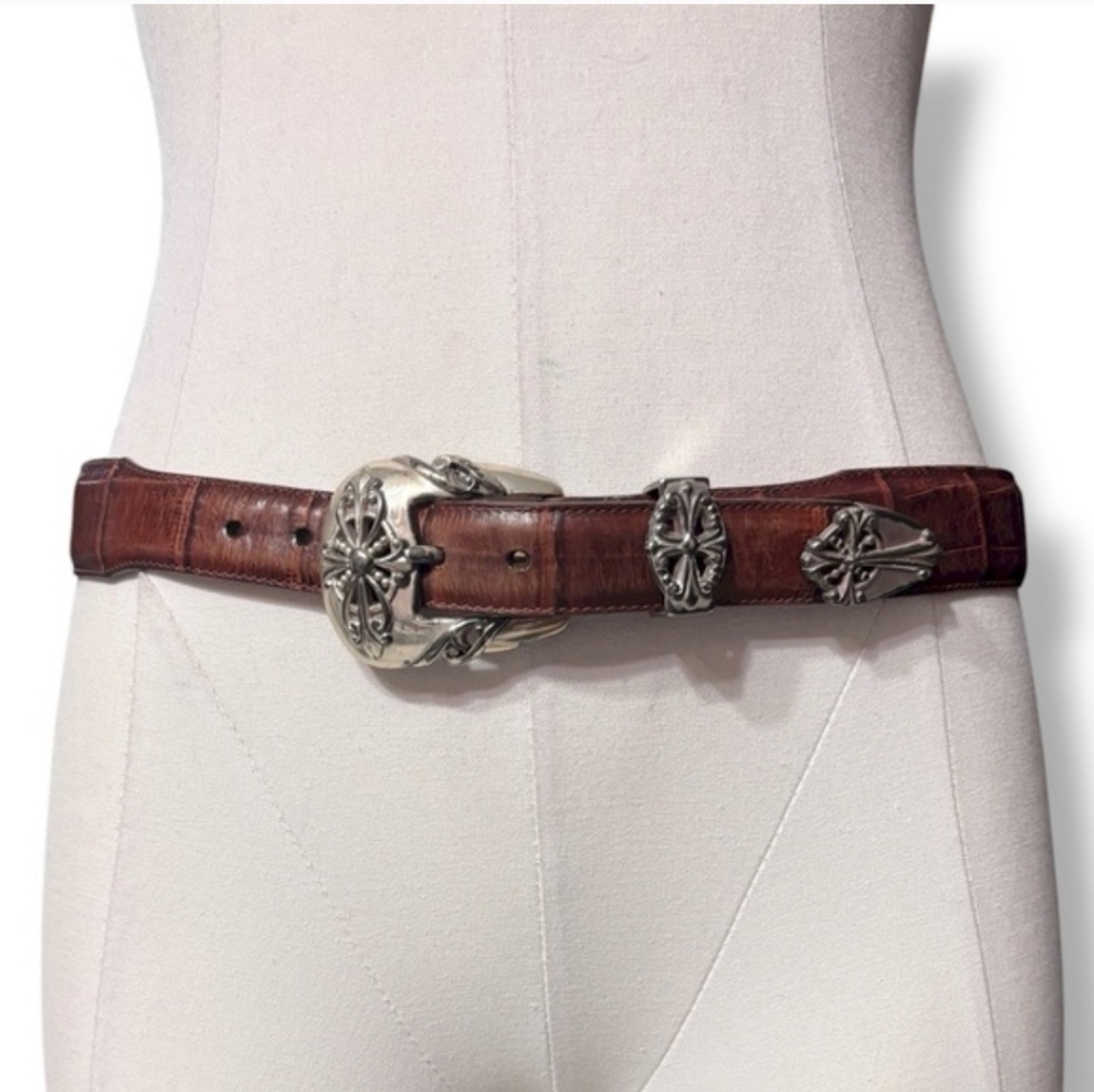 BRIGHTON Brown Croc Embossed Belt Silver Tone Filigree Details VINTAGE
